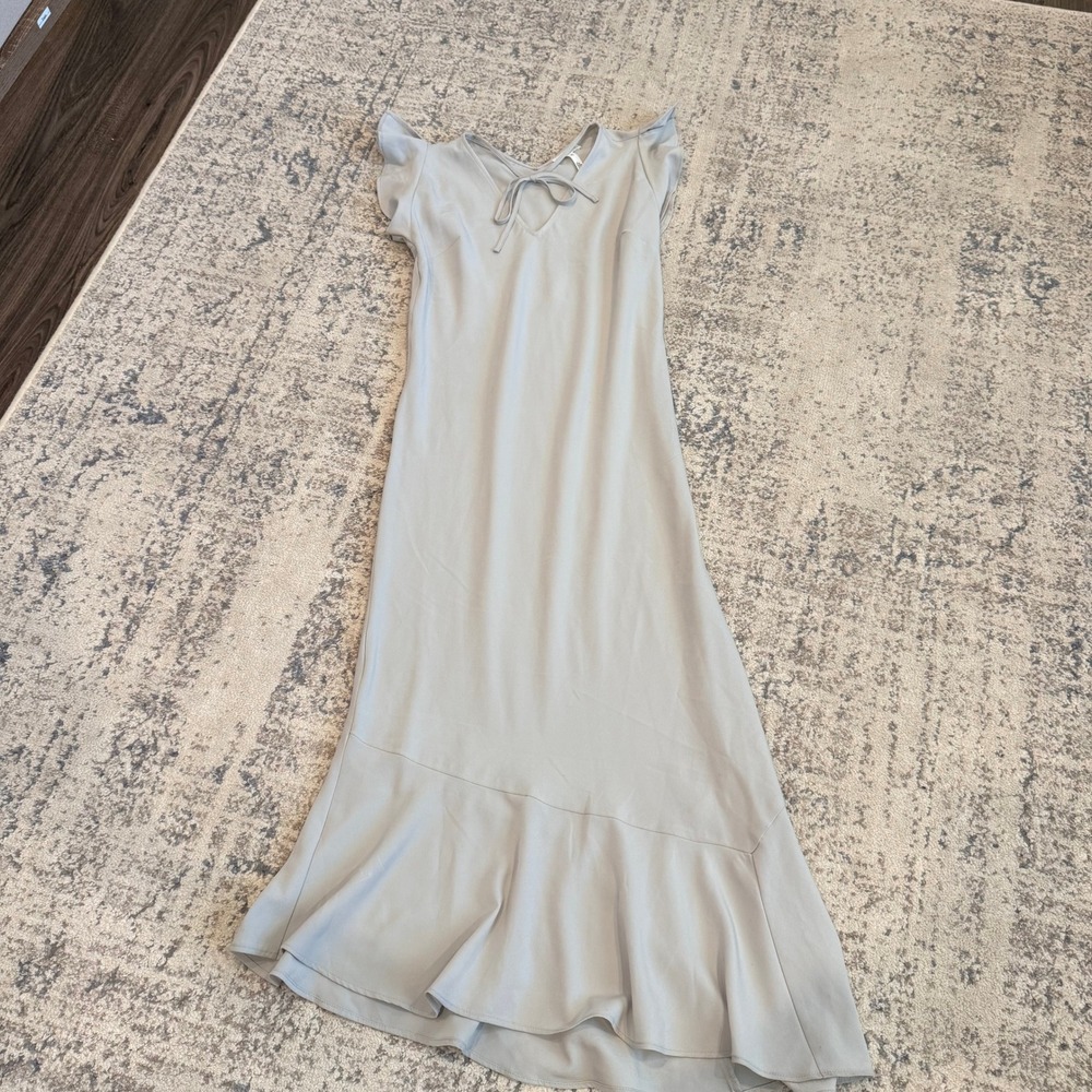 LEITH Womens Light Blue Gray Flutter Sleeve Tie Neck Ruffle Hem Maxi‎ Midi Dress